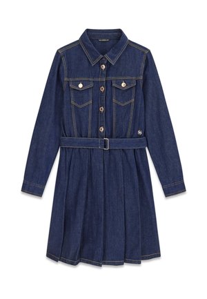 Dark blue denim dress with long sleeves, button-front, chest pockets, collar, and belt at the waist.