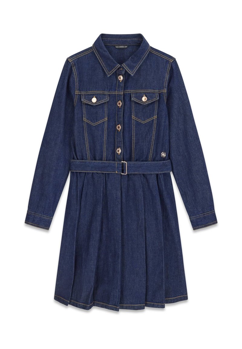 Mörkblå denimklänning med långa ärmar, knäppning fram, bröstfickor, krage och bälte i midjan.