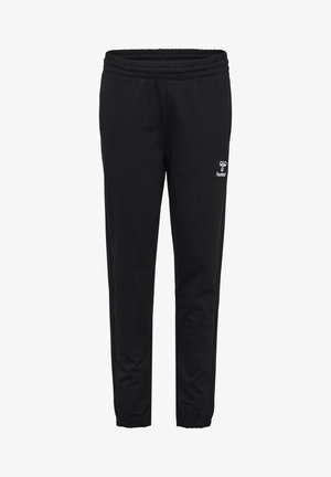 Sorte sweatpants med elastisk talje, tilspidsede ben og et hvidt logo på venstre side. Lavet af blødt, strækbart stof.