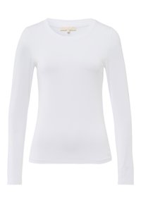Top bianco a maniche lunghe realizzato in tessuto morbido con scollatura rotonda. Caratterizzato da un design semplice e una silhouette aderente. Nessun motivo o dettaglio decorativo.