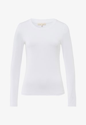 Witte langemouwen top van gladde stof met een ronde halslijn. Heeft een eenvoudig ontwerp en een getailleerde silhoe tte. Geen patronen of accenten.