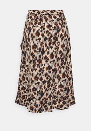 Leopard print skirt with a flared design, featuring a mix of brown, black, and beige tones. Made of lightweight, textured fabric.