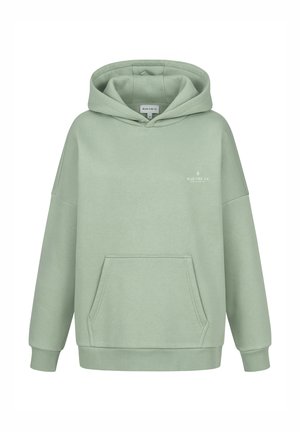 Hellgrüner, übergroßer Kapuzenpullover aus weichem Stoff, mit einer vorderen Tasche und einer Kapuze mit Kordelzug sowie einem dezenten Logo auf der Brust.