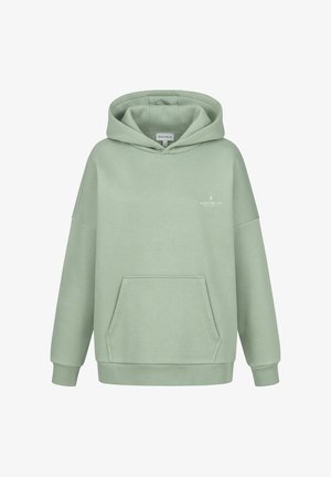 Hellgrüner, übergroßer Kapuzenpullover aus weichem Stoff, mit einer vorderen Tasche und einer Kapuze mit Kordelzug sowie einem dezenten Logo auf der Brust.