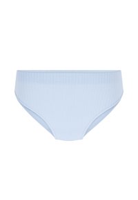 Lichtblauwe geribbelde stof bikini-broek met een medium hoge taille en naadloze constructie, met een gladde textuur en minimale details.