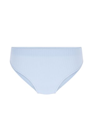 Bas de bikini en tissu côtelé bleu clair avec une taille mi-haute et une construction sans couture, présentant une texture lisse et un minimum de détails.