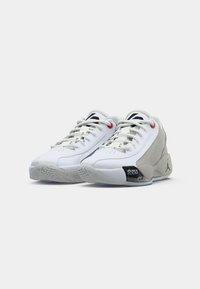 Balts un pelēks sporta apavu pāris ar sarkaniem acu caurumiem, uz zoles esošais "Air Zoom" uzraksts un Jumpman logo uz sānu papēža.