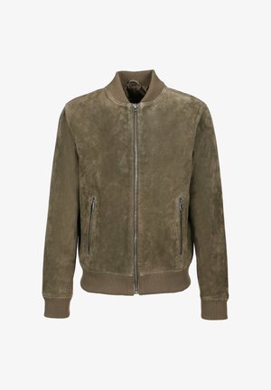 Chaqueta bomber de ante verde oliva con cuello, puños y dobladillo acanalados, con cremallera frontal y bolsillos laterales con cremallera.