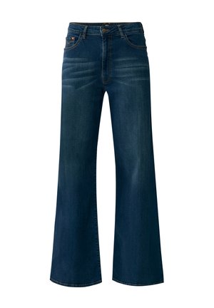 Džíny s širokými nohavicemi v tmavě modrém denimu, s vysokým pasem, klasickým pěti-kapsovým designem a jemným vyblednutím na přední straně.