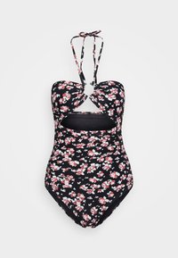 Black floral swimsuit with pink and white flowers, padded bust, open midsection, and adjustable halter straps. Smooth material and ruched detailing.