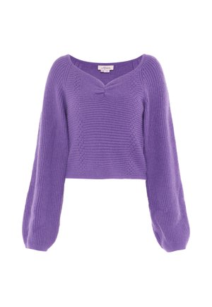 Pull en crochet violet avec un col en V, des manches longues en forme de ballon et un détail noué au centre devant. Fini texturé sur l'ensemble.
