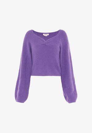 Pull en crochet violet avec un col en V, des manches longues en forme de ballon et un détail noué au centre devant. Fini texturé sur l'ensemble.