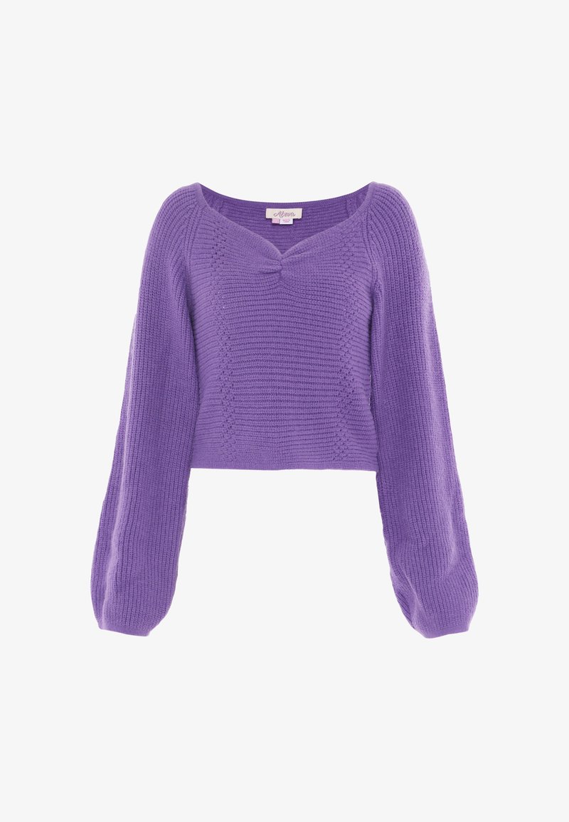 Häkelpullover in Lila mit V-Ausschnitt, langen Ballonärmeln und einem geknoteten Detail in der Mitte vorne. Texturierte Oberfläche auf der gesamten Fläche.