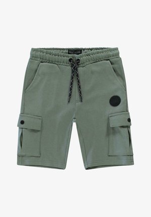 Groene cargoshorts van zacht materiaal, met een elastische tailleband, koordje, twee zijvakken en een drukknoop cargozak.