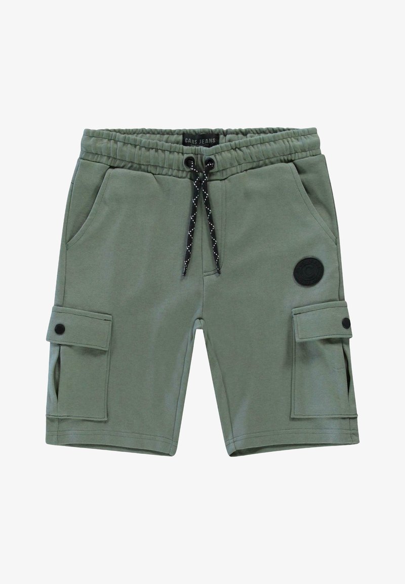 Groene cargoshorts van zacht materiaal, met een elastische tailleband, koordje, twee zijvakken en een drukknoop cargozak.