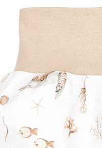 White skirt fabric with a beige elastic waistband; features marine life prints including fish, shells, and corals in soft, muted colors.