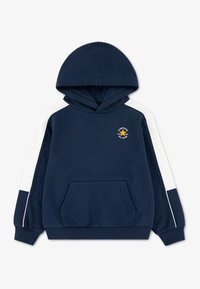 Μπλε-ναυτικό φούτερ με κουκούλα, άσπρες ρίγες στο πλάι, τσέπη καγκουρό και λογότυπο "Converse All Star" με κίτρινο αστέρι.