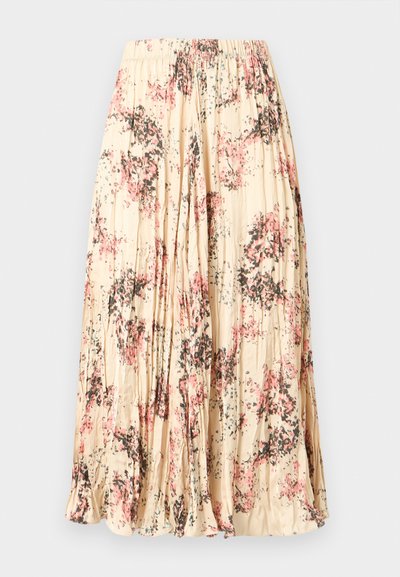 Beige pleated midi skirt with a floral pattern in pink, black, and blue, featuring an elastic waistband.
