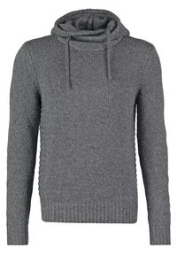 Pull en maille gris à manches longues avec un col montant à cordons sur fond blanc.