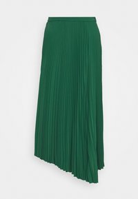 Jupe midi plissée asymétrique verte avec une taille ajustée, présentée sur un fond blanc uni.