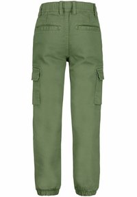 Cargo-Hosen in Olivgrün mit einem elastischen Bund, Seitentaschen und elastischen Bündchen an den Knöcheln für eine schmale Passform.