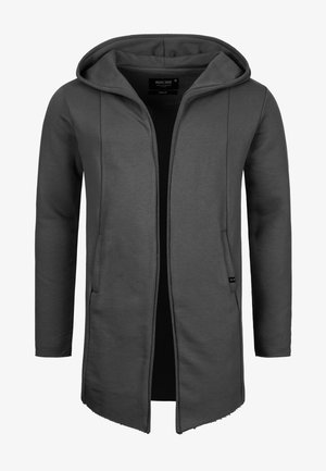 Gray hooded cardigan with long sleeves, two front pockets, and a straight hemline. Made from soft, stretchy fabric with minimal stitching details.