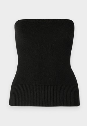 Mustra musta kudumata ülemine osa ilma õlgedeta, millel on sile tekstuur ja ribakujuline serv. Disain on keha lähedane, rõhutades lihtsat ja minimalistlikku stiili.