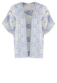 Kimono ligero con un frente abierto, que presenta un patrón floral y geométrico en azul y blanco, con mangas dolman cortas y un ajuste relajado.