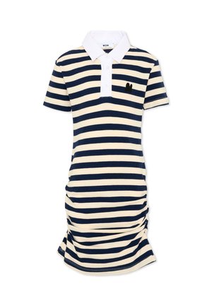 Vestido polo de rayas horizontales en azul marino y blanco de manga corta con cuello blanco y logo bordado negro en el pecho.