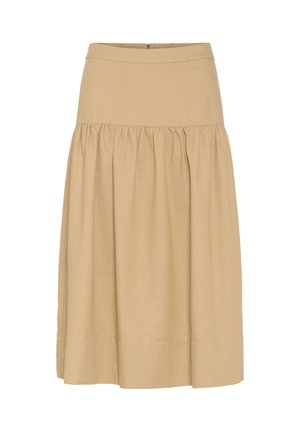 Béžová sukňa po kolená s nariaseným stredom, rovnými pásikom v páse a skrytým zapínaním na zips vzadu.
