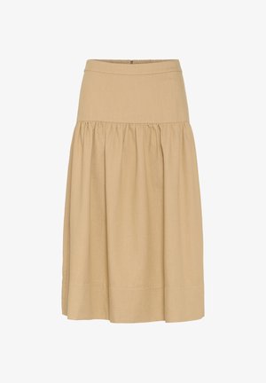 Falda beige hasta la rodilla con parte media fruncida, cinturilla recta y cierre trasero con cremallera oculta.