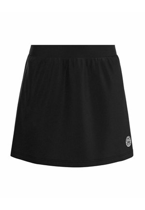 Zwarte sportrok gemaakt van een gladde, rekbare stof met een brede tailleband. Bevat een cirkelvormig logo op de rechter onderzoom.