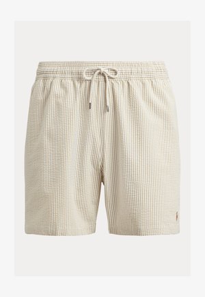 Béžové kockované plavky s elastickým pásom, šnurovaním a malým logom na leme. Priedušná textúra látky.