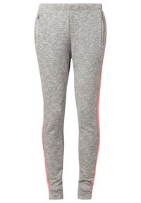 Graue Jogginghosen aus strukturiertem Stoff, mit pinken Seitestreifen und zwei Reißverschlusstaschen. Elastischer Bund für zusätzlichen Komfort.
