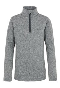 Grijze fleece pullover met een hoge kraag en ritssluiting tot de helft. Voorzien van een gestructureerde stof en een klein logo op de borst in donkergrijs.