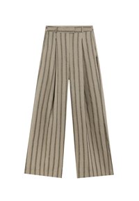 Pantalones de pierna ancha beige con rayas verticales negras, que cuentan con una cintura alta y un frente pliegues. El material parece suave sin adornos visibles.