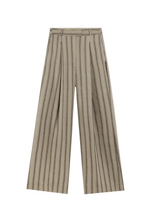 Pantalones de pierna ancha beige con rayas verticales negras, que cuentan con una cintura alta y un frente pliegues. El material parece suave sin adornos visibles.