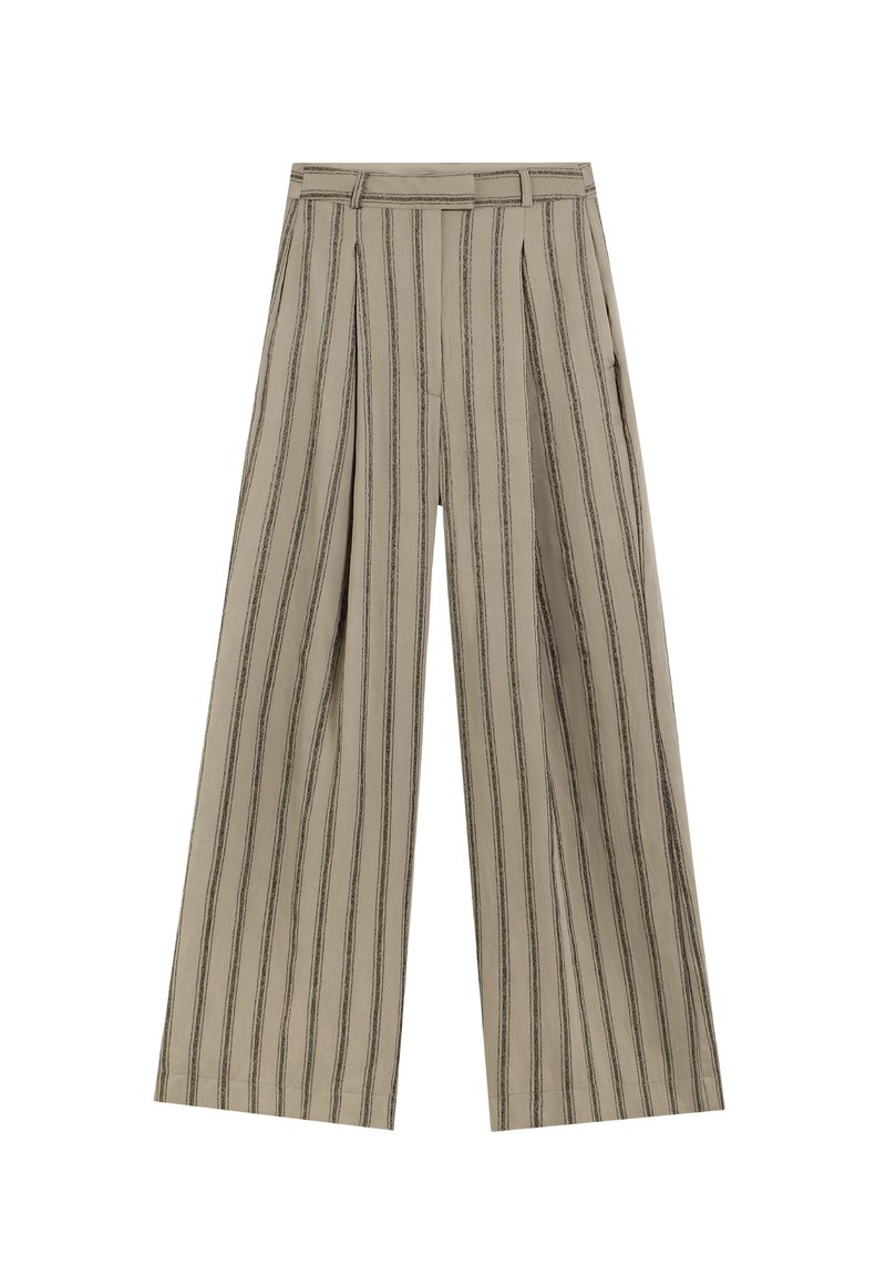 Pantalones de pierna ancha beige con rayas verticales negras, que cuentan con una cintura alta y un frente pliegues. El material parece suave sin adornos visibles.