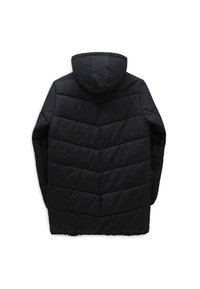 Chaqueta negra acolchada con capucha, con un patrón de costura en forma de chevrón. Textura suave, con mangas largas y un dobladillo ligeramente curvado.