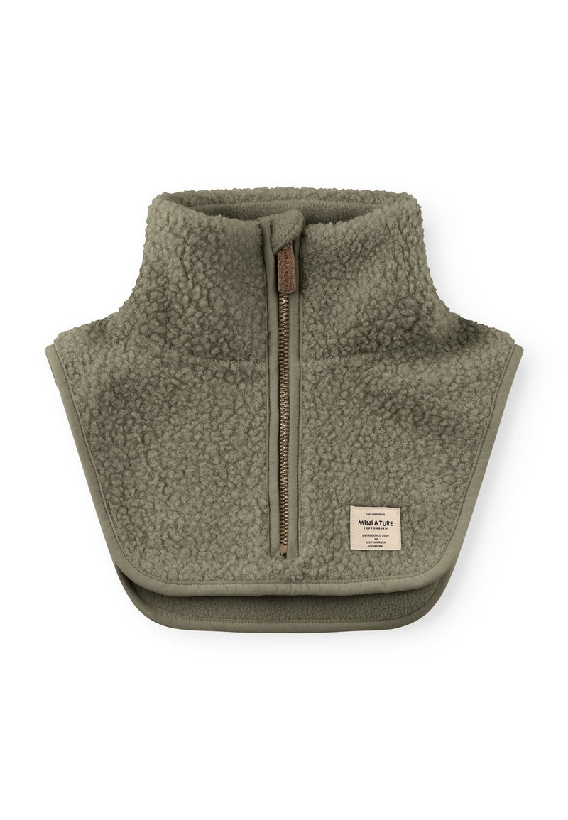 Fleece vest in muted olive green with high collar, half zipper, and textured fabric. Features a small logo tag on the front.