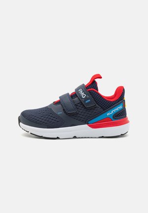 Navy blue athletic shoe with red accents, mesh upper, rubber sole, two adjustable Velcro straps, and a colorful running graphic on the side.