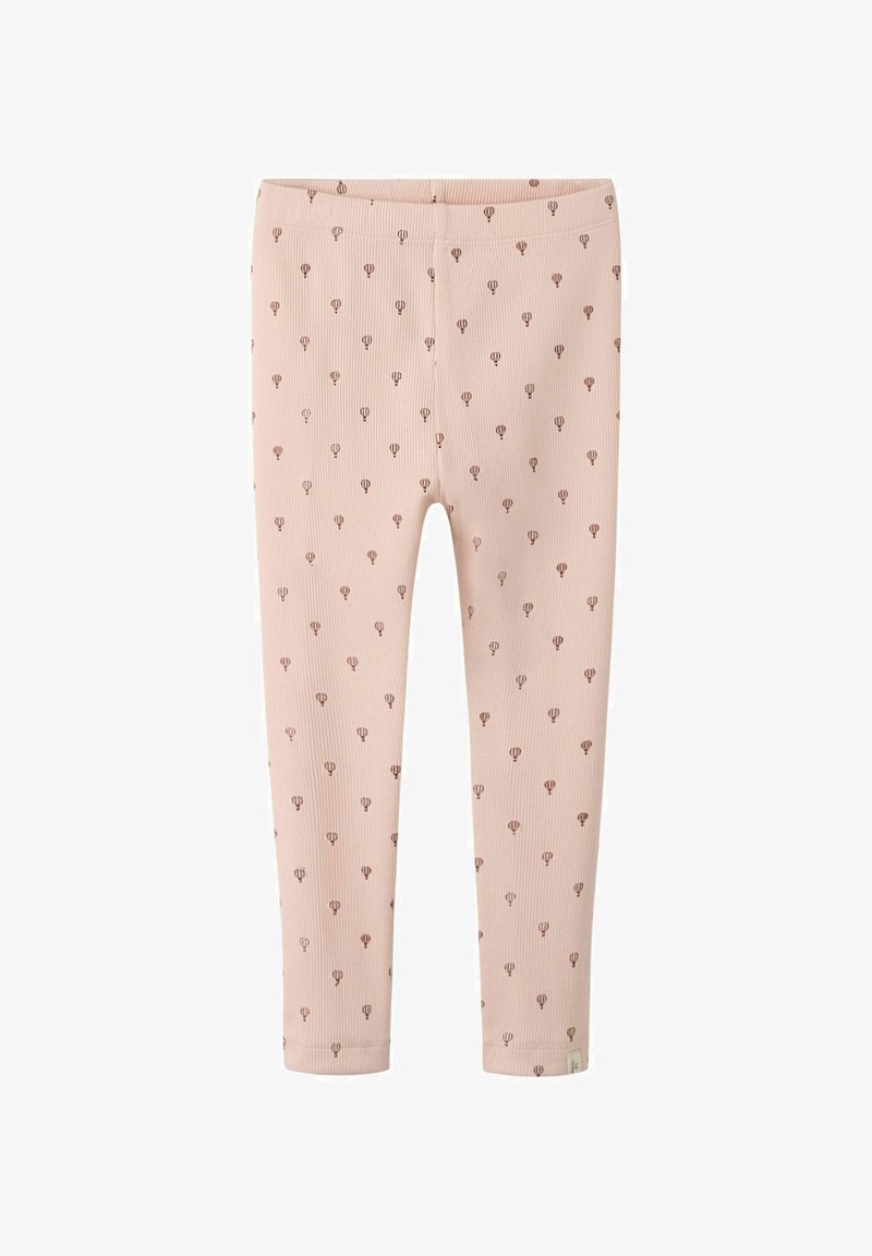 Svetlo roza rebraste legging hlače s majhnim rjavim vzorcem balonov na vroč zrak, elastičen pas in dolžina do gležnjev.