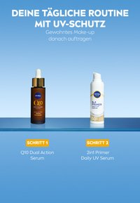 Two skincare serums on a blue background: a dark amber dropper bottle labeled "Q10 Dual Action Serum" and a white pump bottle labeled "2in1 Primer Daily UV Serum."