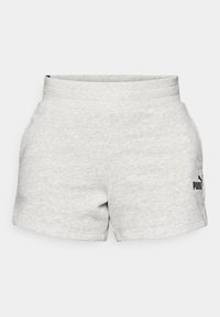 Harmaat puuvillaiset urheilushortsit, joissa on pehmeä pinta, joustava vyötärö, sivutaskut ja musta logodetail vasemmassa alareunassa.