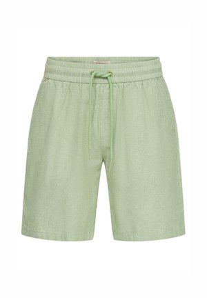 Heledad rohelised vabaaja lühikesed püksid, millel on elastne vöökoht ja ees pael, sääre pikkusega kuni põlveni, valmistatud kergest linakiust kangast.