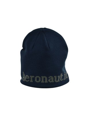 Berretto lavorato a maglia blu scuro con la parola "Aeronautica" parzialmente visibile in lettere grigio chiaro vicino al bordo inferiore.