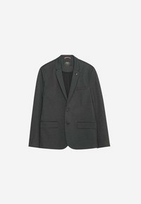 Blazer gris foncé avec un design structuré, deux boutons, revers crantés, poches latérales et une finition texturée subtile.