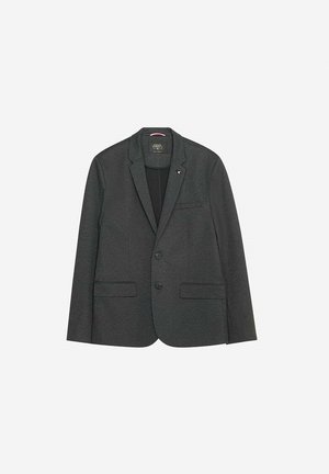 Donkergrijze blazer met een gestructureerd ontwerp, twee knopen, reverskraag, zijzakken en een subtiele textuurafwerking.