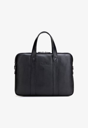 Borsa da lavoro in pelle nera testurizzata con doppi manici superiori e chiusura centrale con cerniera, che mostra un logo goffrato sottile sulla parte anteriore.