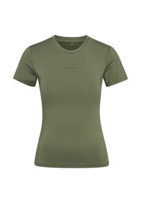 Olivgrünes kurzärmeliges T-Shirt mit tailliertem Schnitt. Verfügt über einen abgerundeten Halsausschnitt und ein dezentes Logo auf der Vorderseite. Glatte Textur.